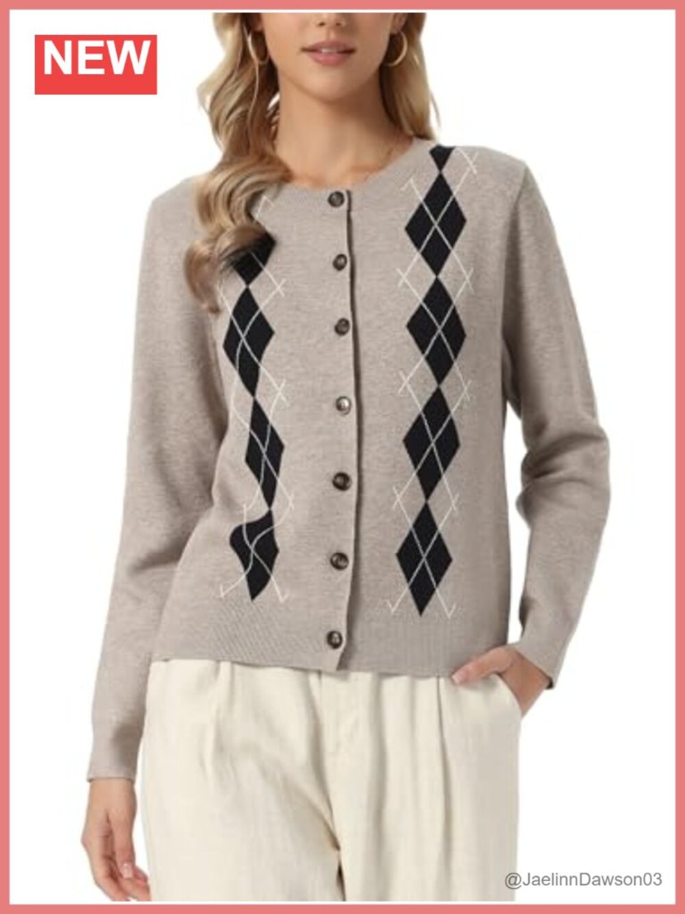 Argyle Button Front Cardigan Sweater Long Sleeve